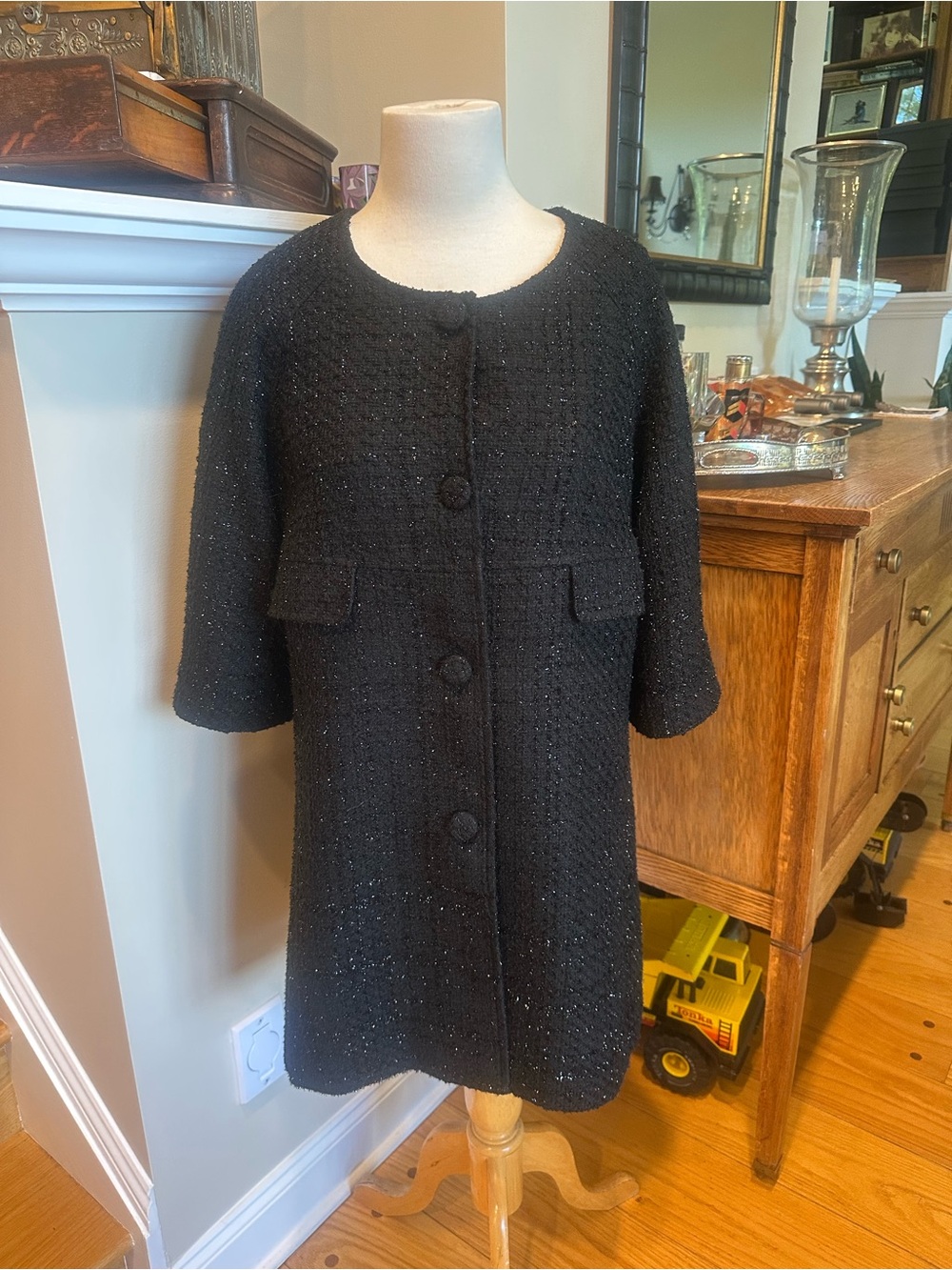 Women's Black Tweed Button-Front Pea Coat